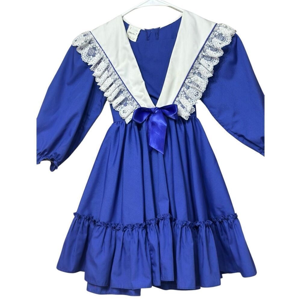 Vintage Mini World Royal Blue White Saylor Cottage Prairecore Long Sleeve Dress